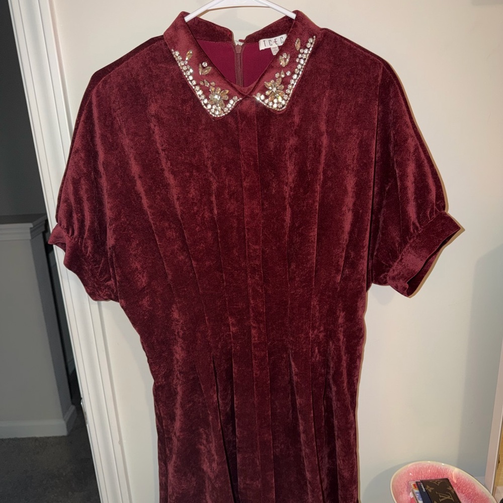 Embellished Collar Velvet Dress in Burgundy